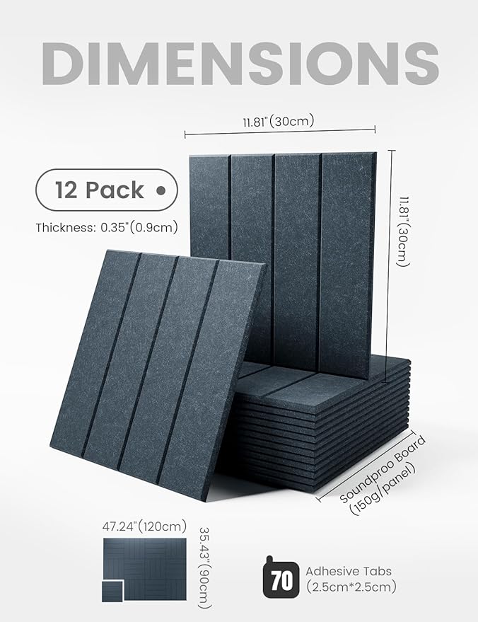 Felt Bulletin Board Tiles Large 48" x 36" Cork Board Alternative-12 Pack with 70 Adhesive Tabs, Thick Slat Wall Panels for Office Decor, Push Pin Board Wall Organizer -Deep Charcoal Blue