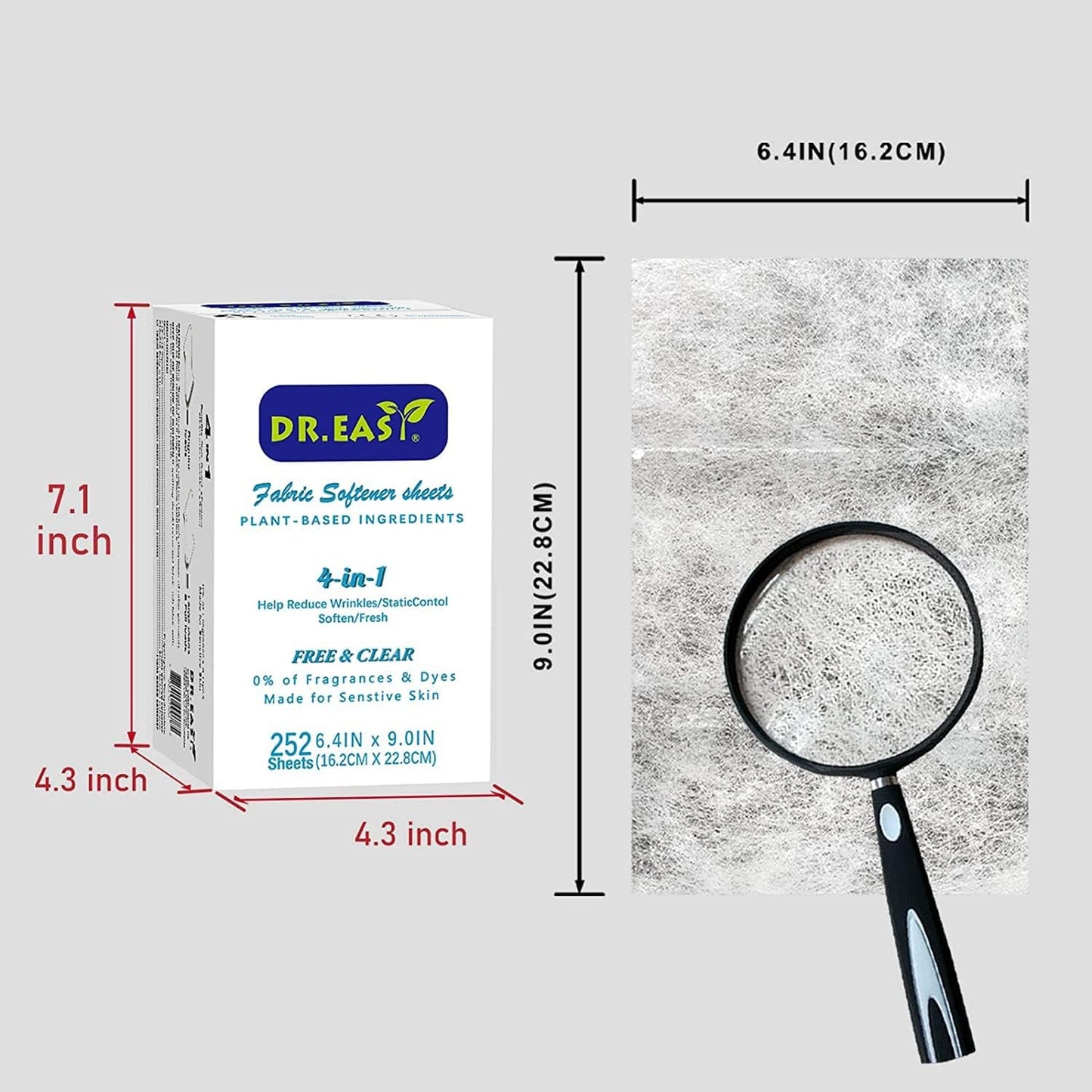 DR.EASY Dryer Sheets Plant Based Formula 504 Ct Fabric Softener sheets for Laundry Free & Clear Essential Oil Scented No Artificial Fragrances No Dyes Reduce Static & Wrinkles Help Repel Pet Hair