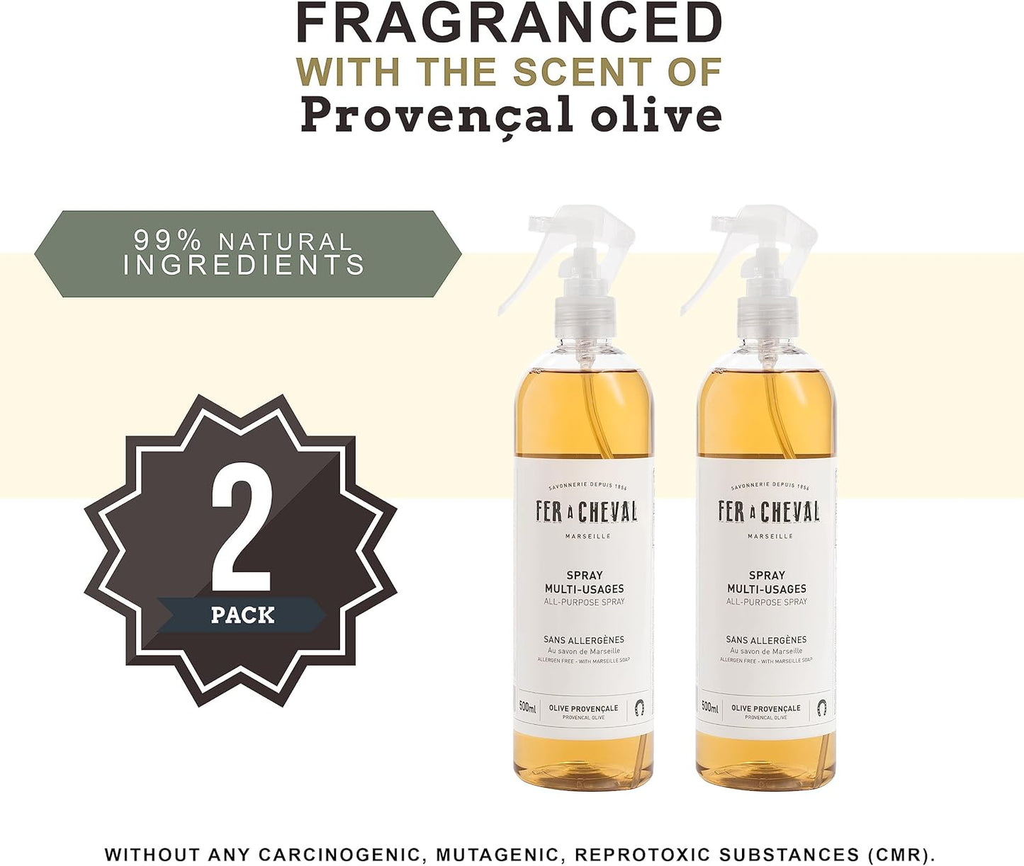 Fer à Cheval Versatile All Purpose Spray Cleaner | Provençal Olive Scent All Purpose Cleaner Spray | Allergen-Free Formula Natural Marseille Soap | 2 Pack - 500ml
