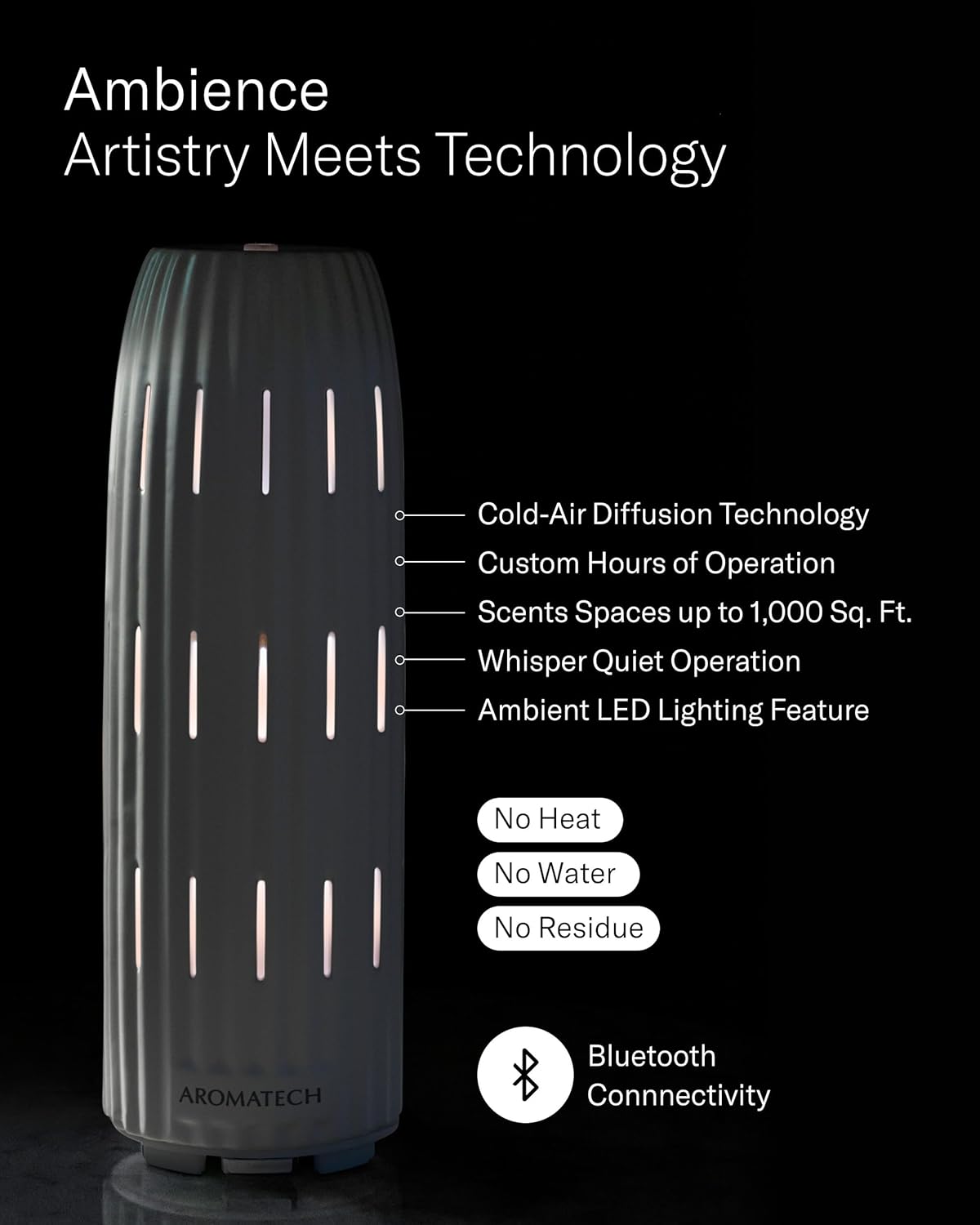 AromaTech Ambience Scent Diffuser for Essential Oil Blends & Fragrances – Waterless Scent Machine w/Bluetooth for Home, Bathroom Boutiques, Hotel, Spa – White Stone