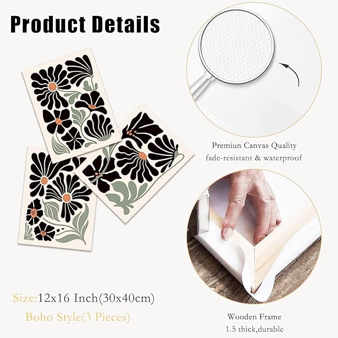 Hwetui Boho Wall Art Set of 3 Abstract Black flowers Plant Poster Vintage Green Floral Canvas Prints Neutral Home Decor Aesthetic Bohemian Artwork Painting Pictures for living room12''x16''Framed