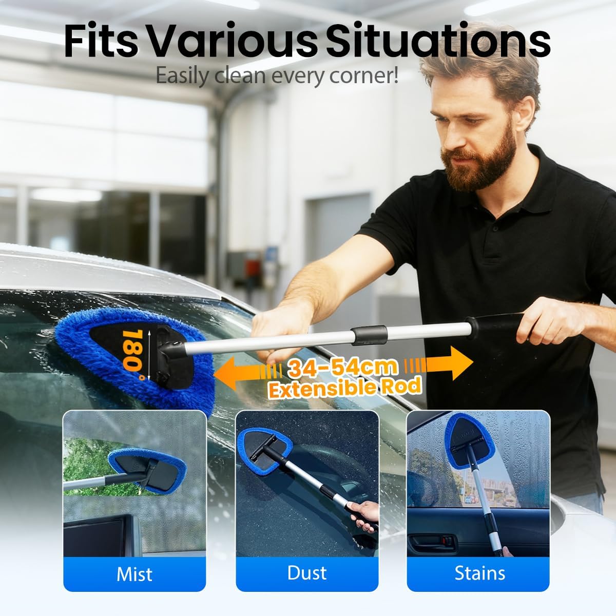 Windshield Window Cleaner Tool, Longer Extendable Glass Cleaning Tool with Microfiber Pads and Spray Bottles,Glass Wiper Kit for Car Windshield & Home Windows (Orange Set)