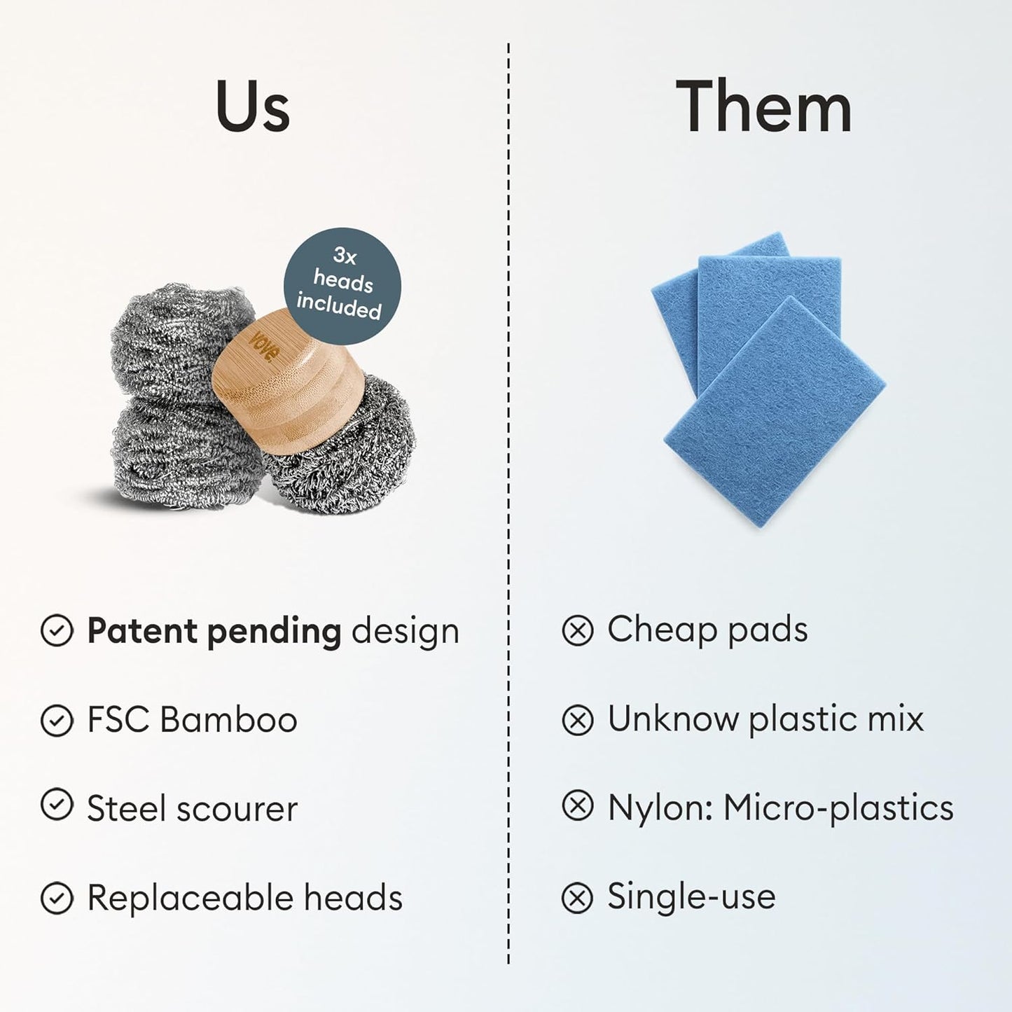 Vove Magnetic Scourer, Stainless Steel Scrubber with FSC-Certified Bamboo Handle, 3 Replacement Pads, Neodymium Magnet, for Cast Iron, Pots & Pans, Griddles, Grills, Plastic-Free Eco-Friendly Cleaner