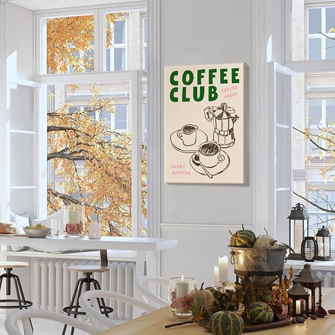 Vintage Coffee Club Wall Art Served Fresh Every Morning Sign Canvas Print Poster Sketch Moka Pot And Cups Minimalist Home Decor Aesthetic Pictures for Kitchen Bar Cafe Dining Room 20x30inch Unframed