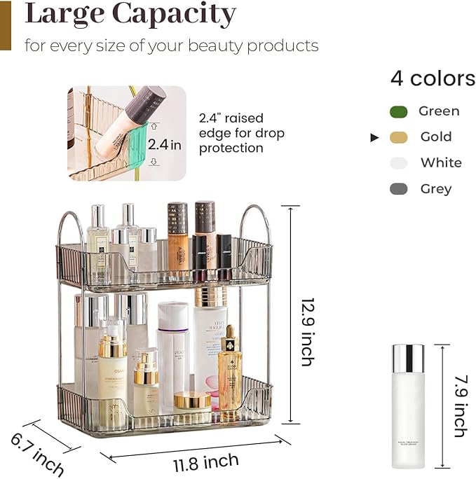 Aveniee Bathroom Counter Organizer Countertop, Makeup Perfume Shelf Storage, 2 Tier Skincare Cosmetic Tray for Dresser Vanity - Grey