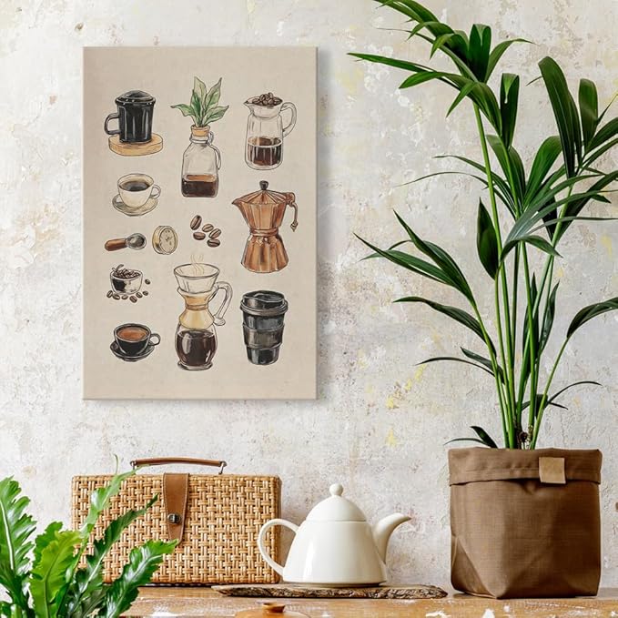 Vintage Espresso Coffee Chart Canvas Print Poster Kitchen Supplies Wall Art Minimalist Watercolor Painting Home Decor Aesthetic Pictures for Dining Room Cafe Shop Restaurant 12x16inch Framed