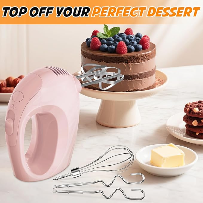 Handmixer Electric Handheld - 7 Speed Portable Kitchen Mixer Electric with 5 Stainless Steel Accessories Whisk, Food Beater for Whipping Mixing Cookies Cakes Eggs, Pink