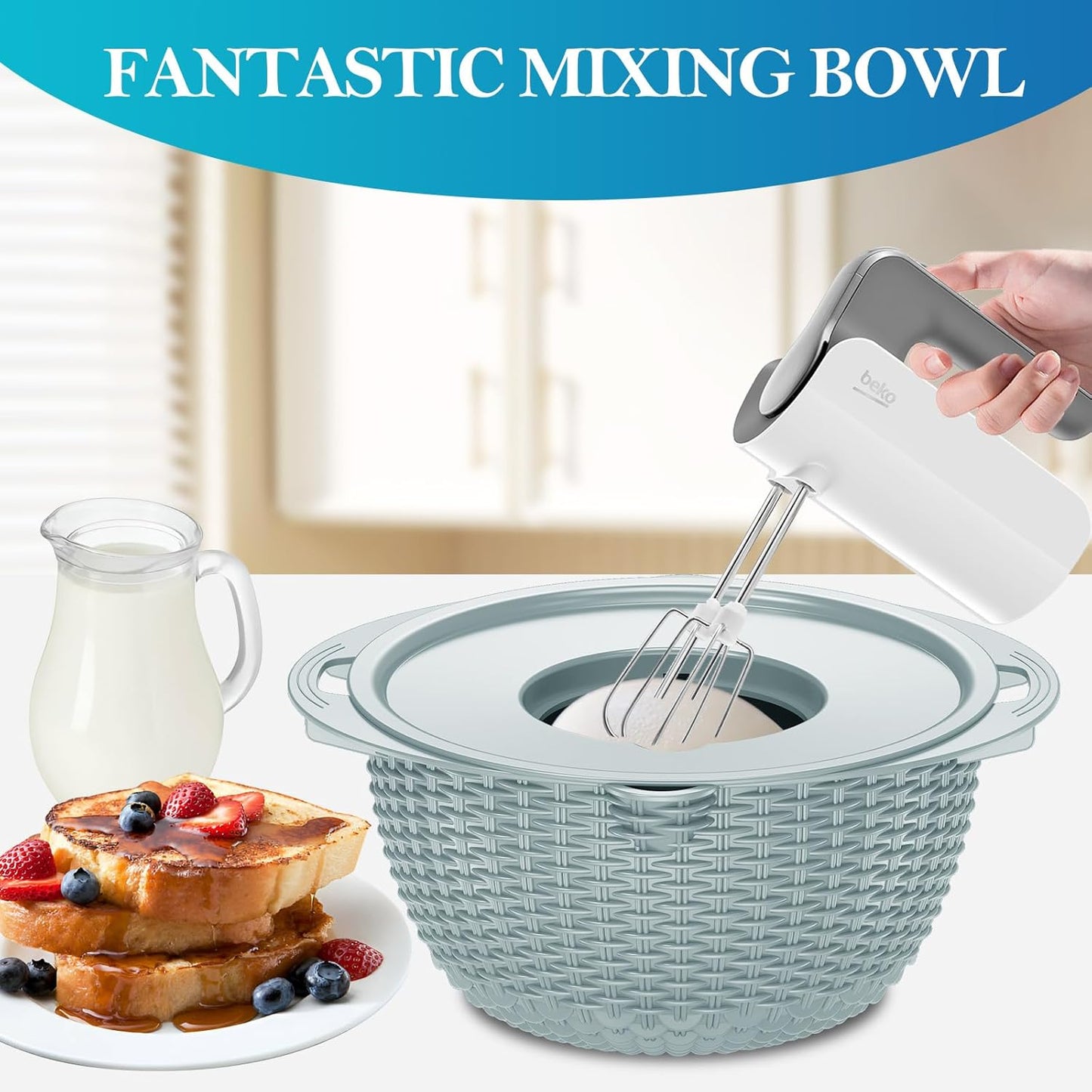 4 in 1 Colander with Mixing Bowl Set, Colander for Kitchen, Strainers and Colanders, Pasta Strainer, Fruit Cleaner, Veggie Wash, Aesthetic Kitchen Essentials - Blue