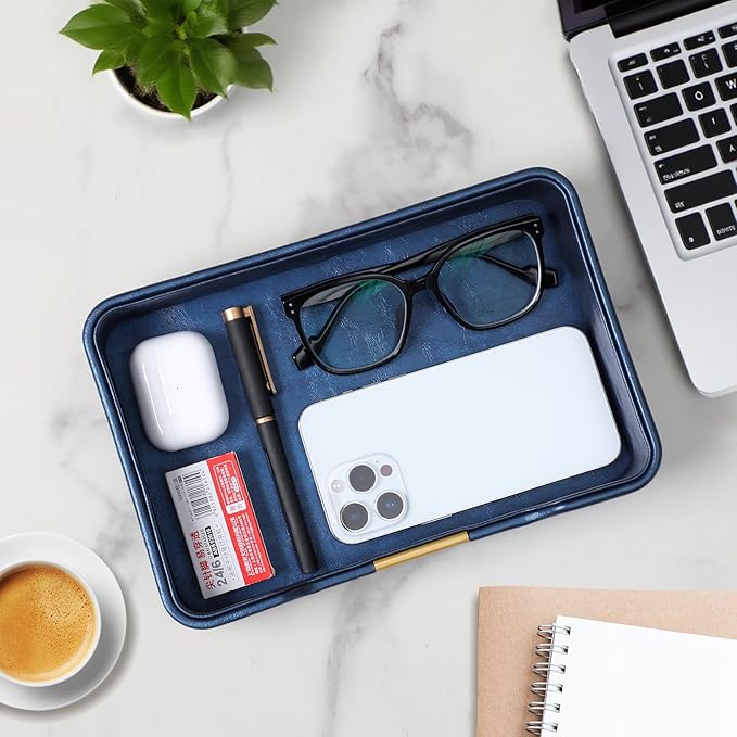 PU Leather Valet Tray with Gold Accent, Decorative Nightstand Organizer Desk Trays Cologne Organizer for Men - Key Bowl Vanity Trinket Tray for Dresser Bedside Entryway Table (Navy Blue)