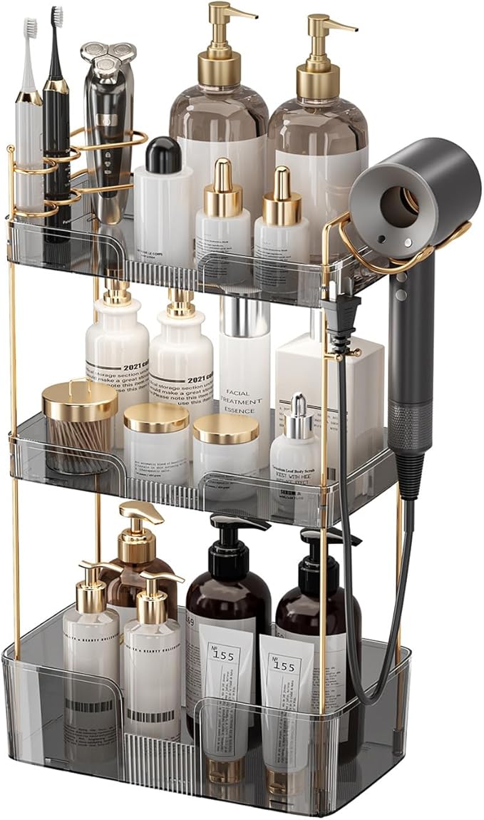 Aveniee Bathroom Counter Organizer,3 Tier Skincare Perfume Countertop Storage with Hair Dryer Rack and Toothbrush Holder, Cosmetic Makeup Tray for Vanity,Grey