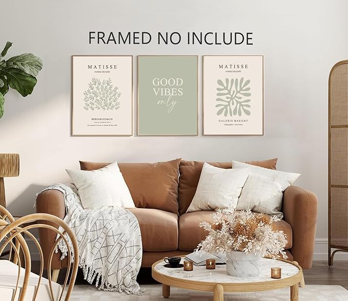 Hwetui Matisse Wall Art Set of 3 Sage Green Abstract Poster Canvas Prints Neutral Plant Leaves Painting Pictures Good Vibes Aesthetic Home Decor for Living Room Bedroom Bathroom 12''x16''Unframed
