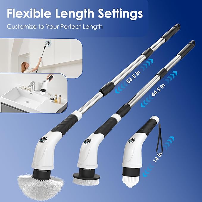 Cordless Electric Spin Scrubber, IPX7 Waterproof Rechargeable Power Cleaning Brush with 4000mAh Battery, 210min Runtime, 7 Brush Heads, 3 Adjustable Speeds, for Shower, Tub, Tile, Kitchen, Floor