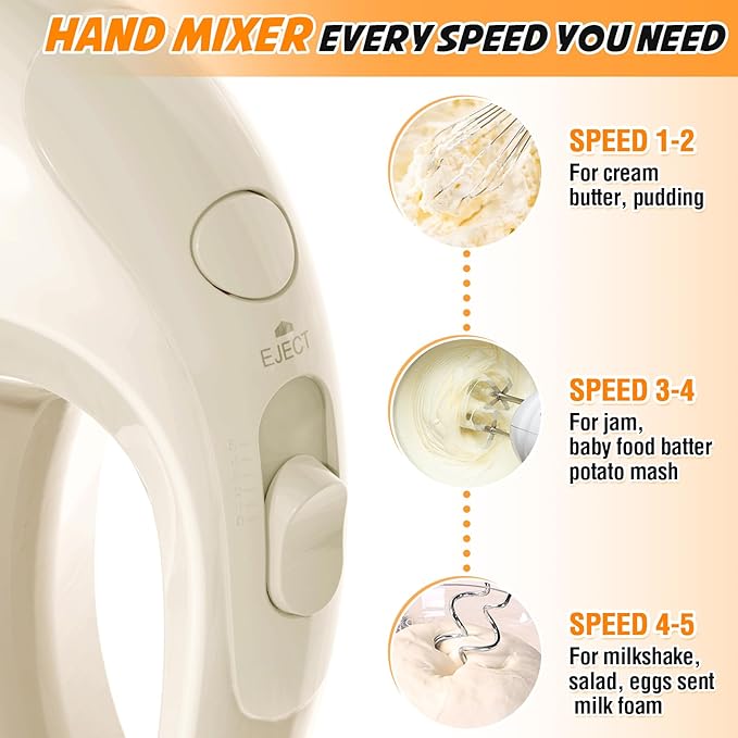 Handmixer Electric Handheld - 7 Speed Portable Kitchen Mixer Electric with 5 Stainless Steel Accessories Whisk, Food Beater for Whipping Mixing Cookies Cakes Eggs, Beige