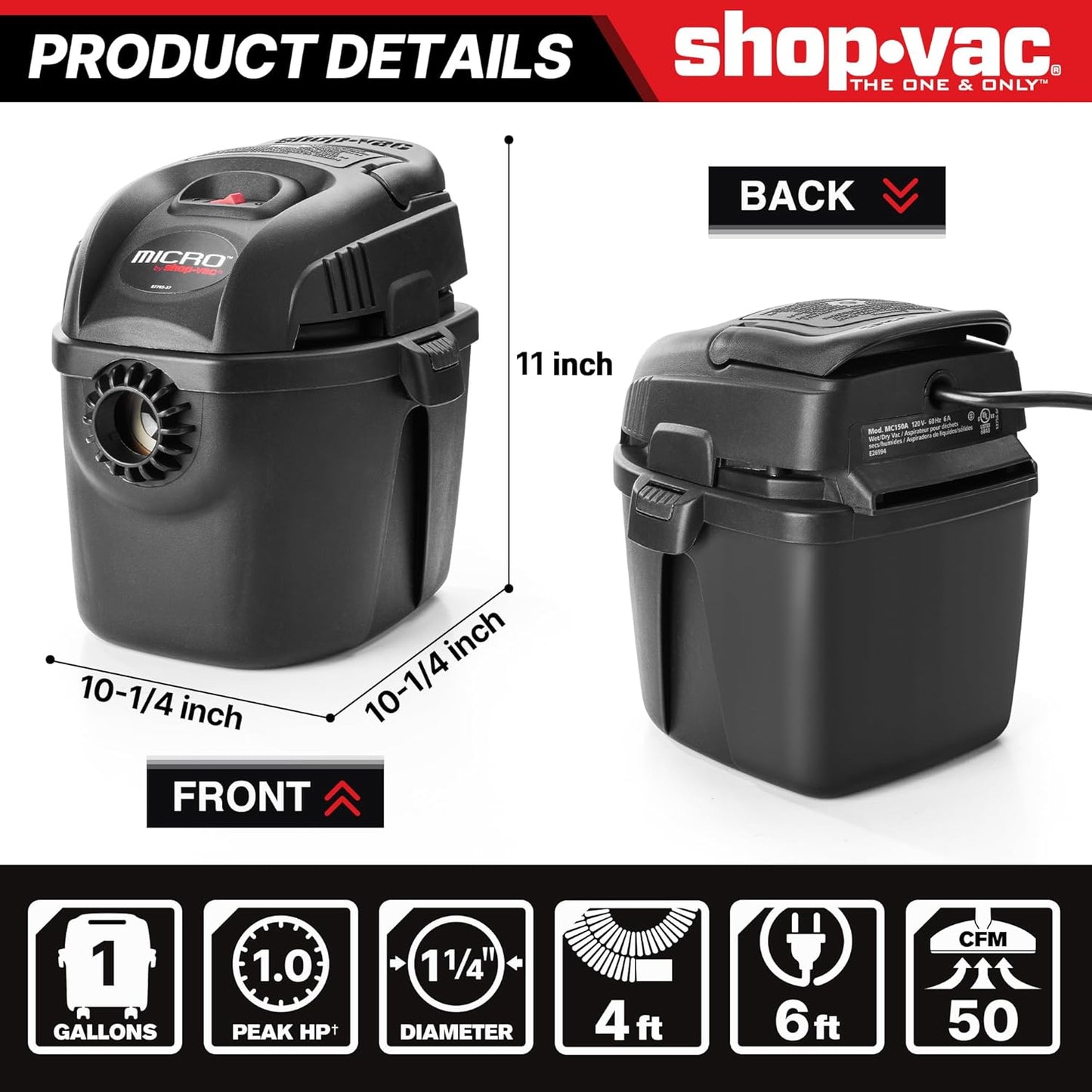 Shop-Vac 2021005 1 Gallon Micro Wet/Dry Vacuum, 1.0 Peak HP, 1.25 Inch Diameter x 4 Foot Hose, 6 Food Cord, Lightweight And Portable, Quick Wet/Dry Pickup