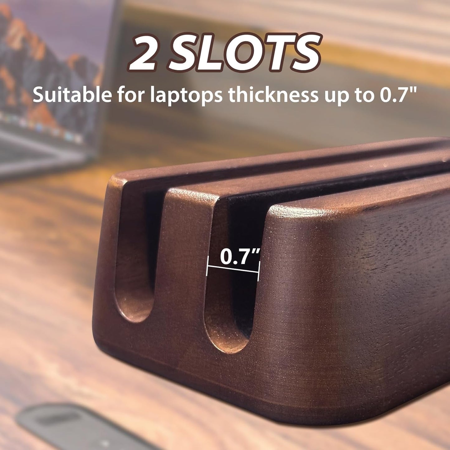 Vertical Laptop Stand, Dual Slot Wood Laptop Holder for Desk, 0.7" Width Fits All MacBook/Surface pro