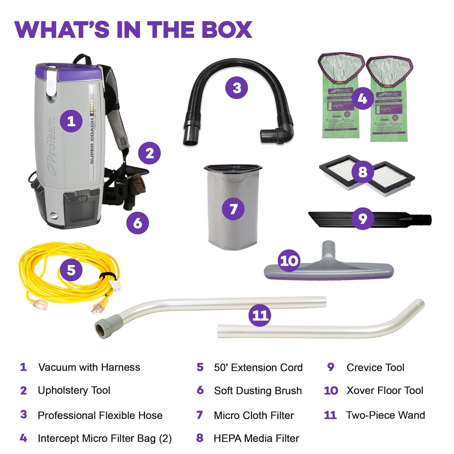 ProTeam Super Coach Pro 10 Backpack Vacuum Commercial with 2 Piece Wand Tool Kit, 10 Quart, Corded,107304