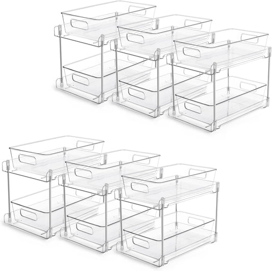 Vtopmart 6 Pack Bathroom Organizer, 2 Tier Clear Under Sink Organizers Vanity Countertop Storage Container,Cabinet Drawers Bins, Pull-Out Organization with Track for Pantry, Kitchen