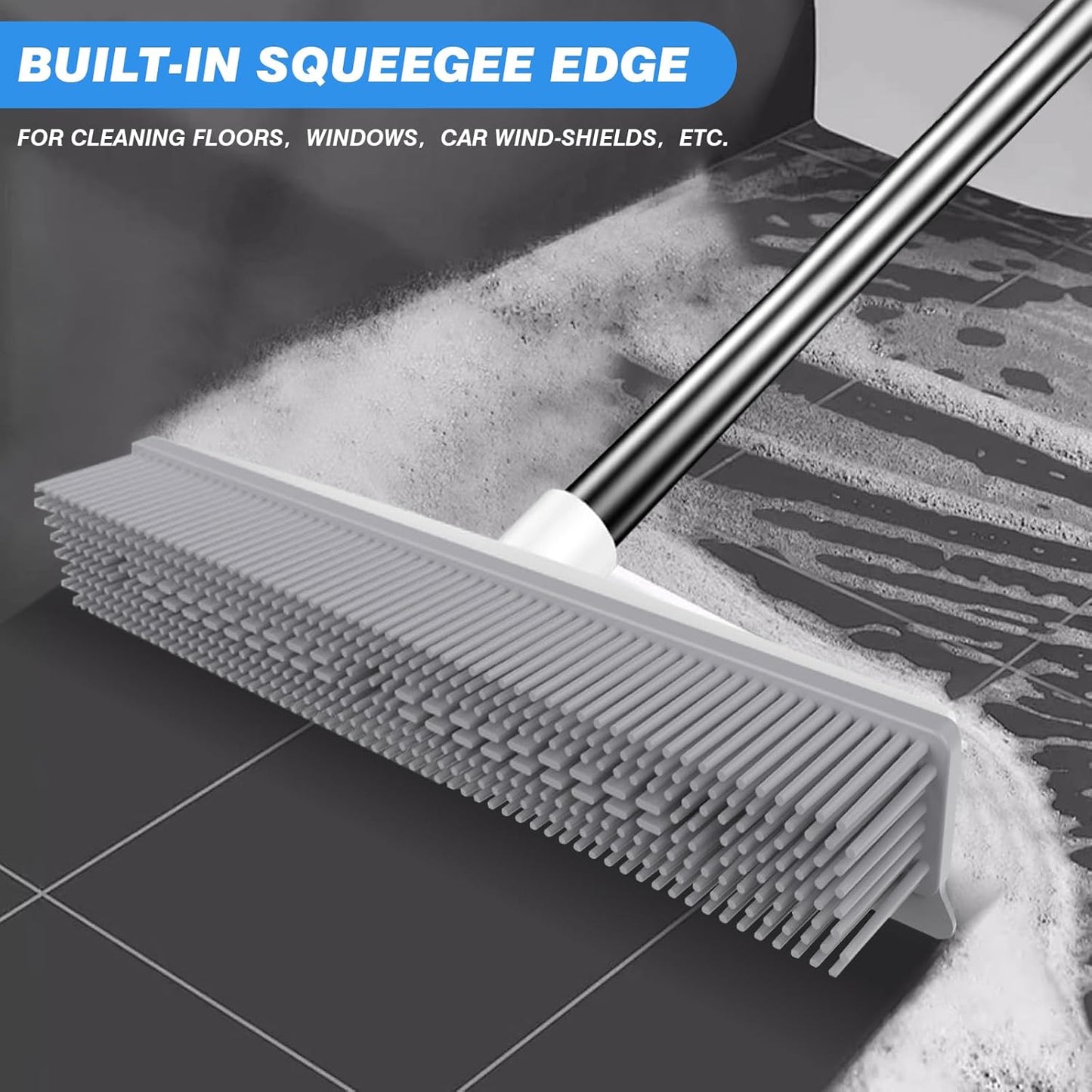 Rubber Broom Carpet Rake for Pet Hair, 2 in 1 Pet Hair Removal Broom with Built in Squeegee, Fur Remover Broom with 51" Adjustable Long Handle for Carpet, Hardwood Floor, Tile