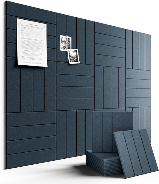 Felt Bulletin Board Tiles Large 48" x 36" Cork Board Alternative-12 Pack with 70 Adhesive Tabs, Thick Slat Wall Panels for Office Decor, Push Pin Board Wall Organizer -Deep Charcoal Blue