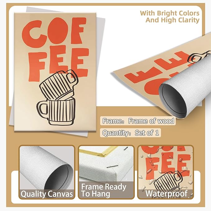 Retro Italian Espresso Coffee Bold Orange Sign Wall Art Stacked Black Stripe Coffee Cups Canvas Print Poster Modern Kitchen Minimalist Line Aesthetic Pictures Boho Decor for Bar Cafe 20x30inch Framed