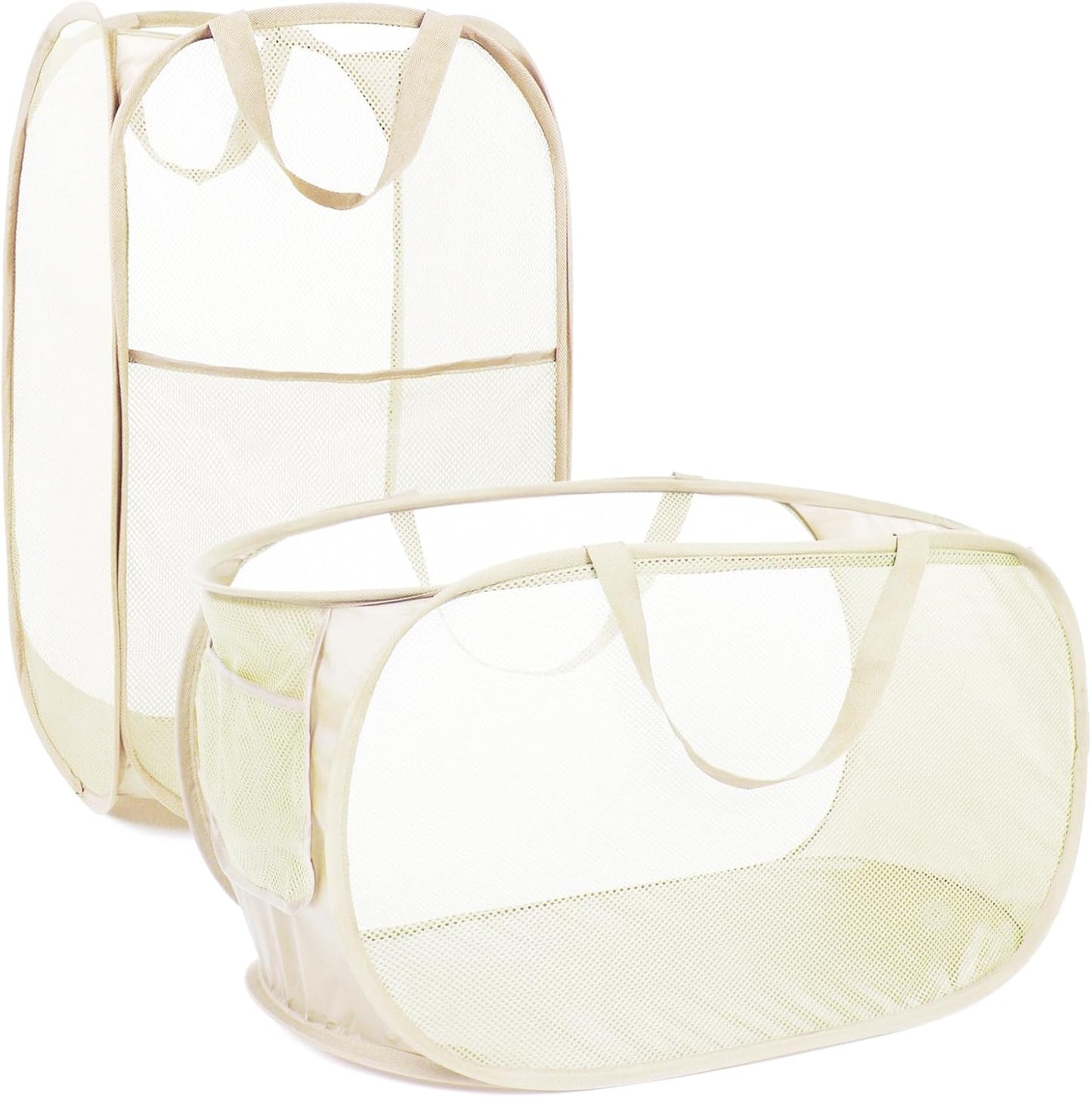 2 Pcs Durable Collapsible Laundry Baskets - Reinforced Mesh Pop Up Laundry Hamper with Pocket, Foldable Dirty Clothes Hamper with Carry Handles for Laundry, Bathroom, Kids Room, Dorm or Travel Beige
