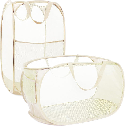2 Pcs Durable Collapsible Laundry Baskets - Reinforced Mesh Pop Up Laundry Hamper with Pocket, Foldable Dirty Clothes Hamper with Carry Handles for Laundry, Bathroom, Kids Room, Dorm or Travel Beige