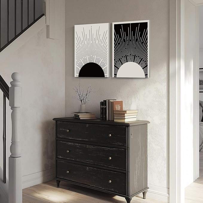 Hwetui Framed Boho Sun Wall Art Set of 2 Black and White Minimalist Sunrise Canvas Prints Abstract Sunshine Painting Geometric Line Pictures Home Decor for Living Room Bedroom Bathroom 16x24in