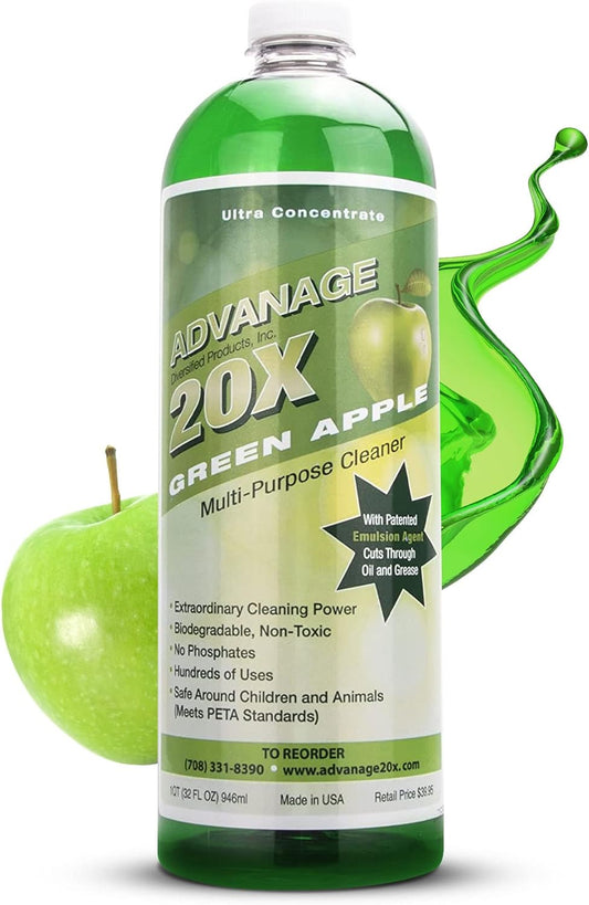 Advanage 20X All Purpose Cleaner Concentrate – Green Apple Eco-Friendly Heavy Duty Degreaser, Multisurface Cleaner for Bathroom, Kitchen, Floors, Household Cleaning Supplies, Made in USA, 32 Fl Oz