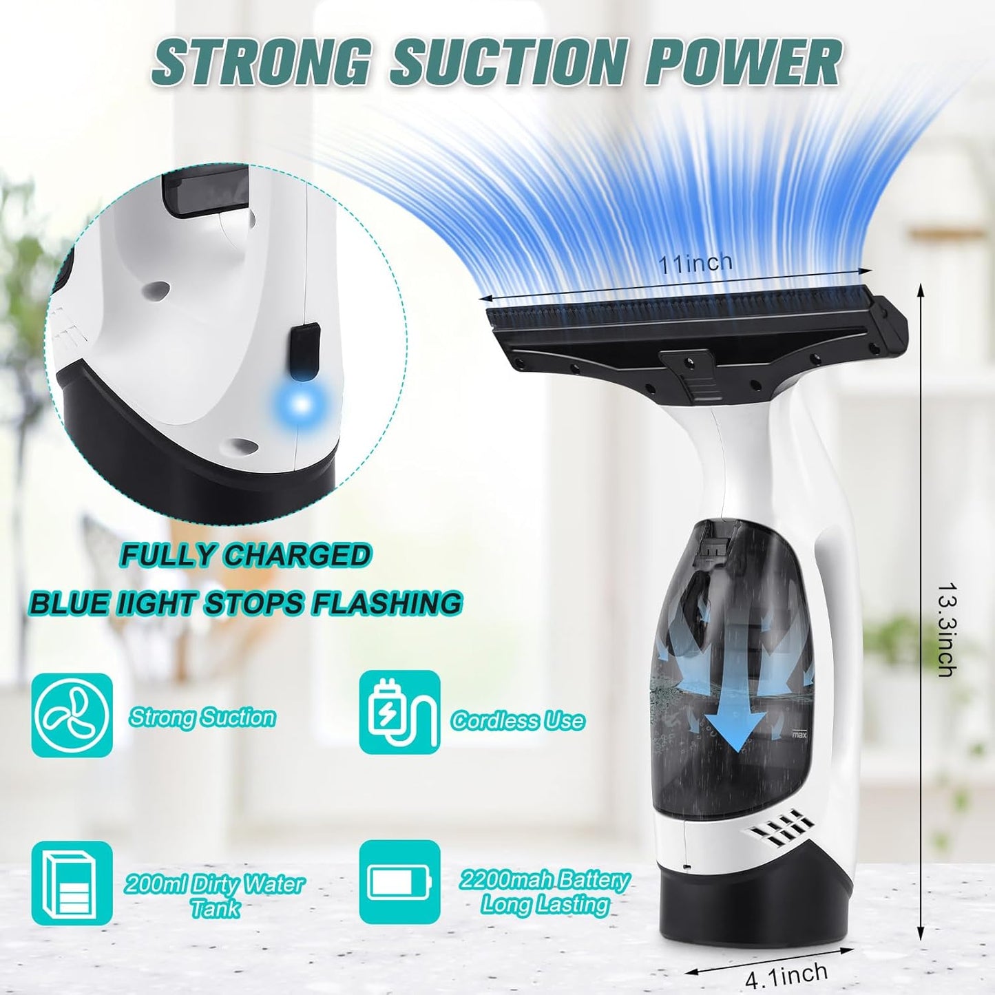Window Vacuum Squeegee Cordless, Rechargeable Window Vac with Spray/Squeegee/Vacuum, Electric Cleaning Tool for Windows, Tiles, Mirror, Countertop, Car Windshield, Glass, Shower Wall