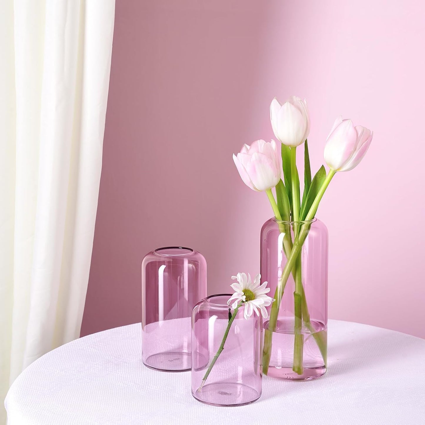 ZENS Bud Vases Set of 6, Pink Clear Small Glass Vase for Flowers. Modern Hand Blown Cylinder Glass Vase for Wedding Reception Centerpieces Living Room Decorative.