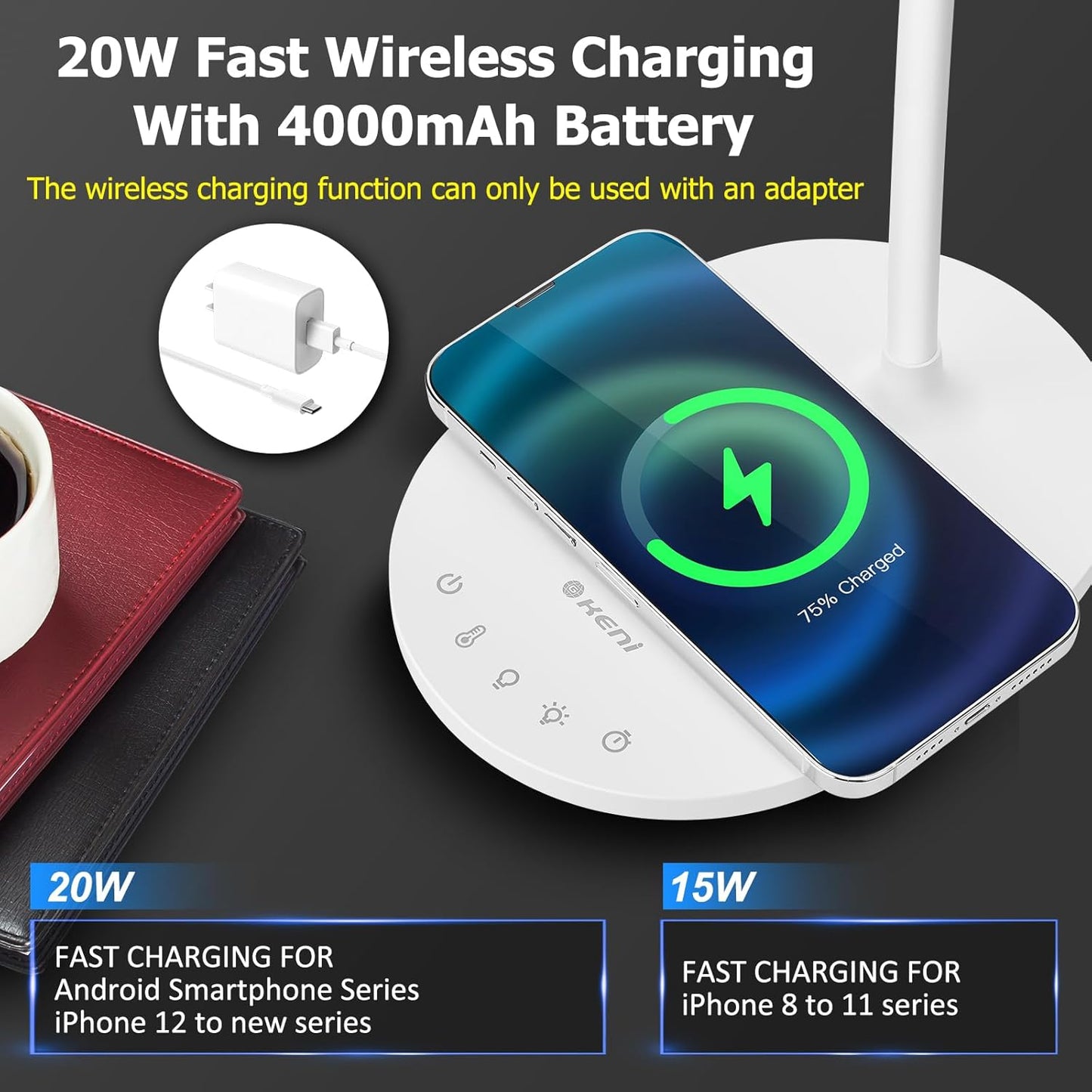 G Keni Ultra Bright Cordless Desk Lamp with Wireless Charger for Home Office Dorm, 4000mAh Dimmable Bedside Reading Desk Lamp with Timer, 3 Color Modes, Eye Care Touch Desk Light for Study Work (X5)