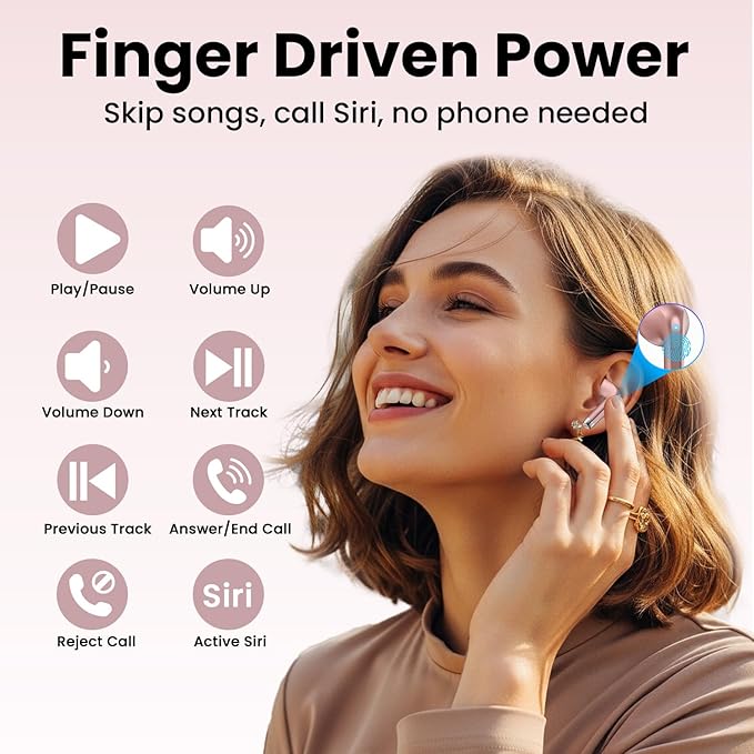 Wireless Earbuds, Bluetooth Headphones with Deep Bass Stereo, 48H Playback Ear Buds with LED Power Display Charging Case, IPX7 Waterproof in-Ear Earphones with Mic for iPhone, Android Phone, Rose Gold