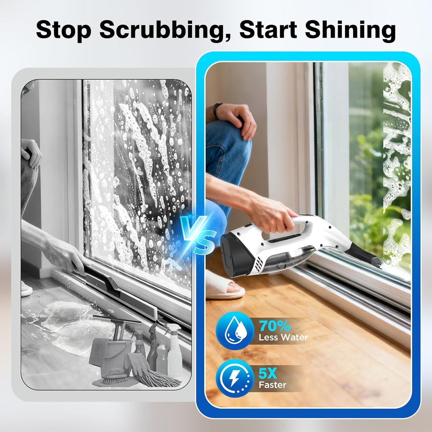 Window Vacuum Squeegee Cordless, 2000Pa Electric Window Cleaner Tool with 2200mAh & 150ml Water Collection Tank, Window Cleaning Kit Shower Squeegee for Glass Doors, Windows, Mirrors, Car (White)