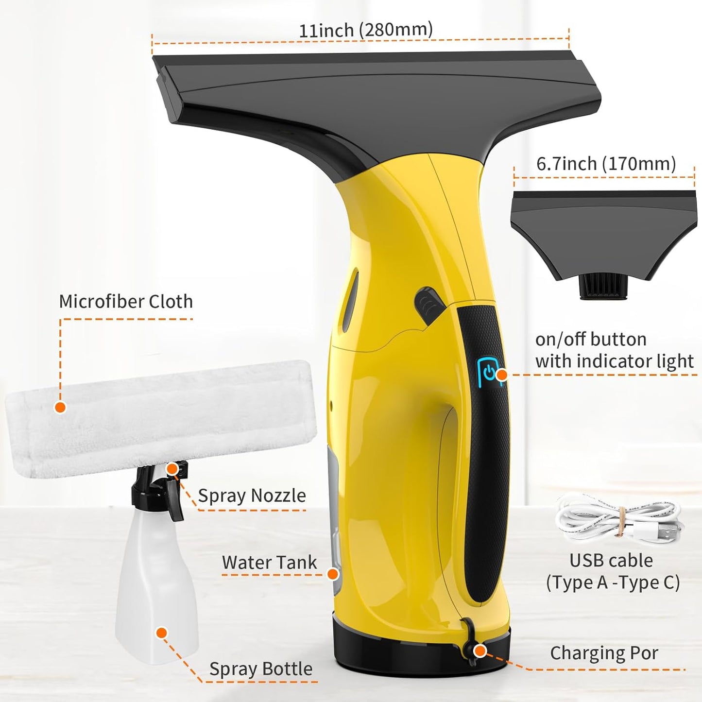 Kiato Window Vacuum Squeegee Cordless, Rechargeable Window Vacuum Cleaner with 2 X Squeegee (11”+ 6.7”), Electric Window Vac for Windows, Tiles, Mirrors, Showers, Glass, 2200mA, WC09