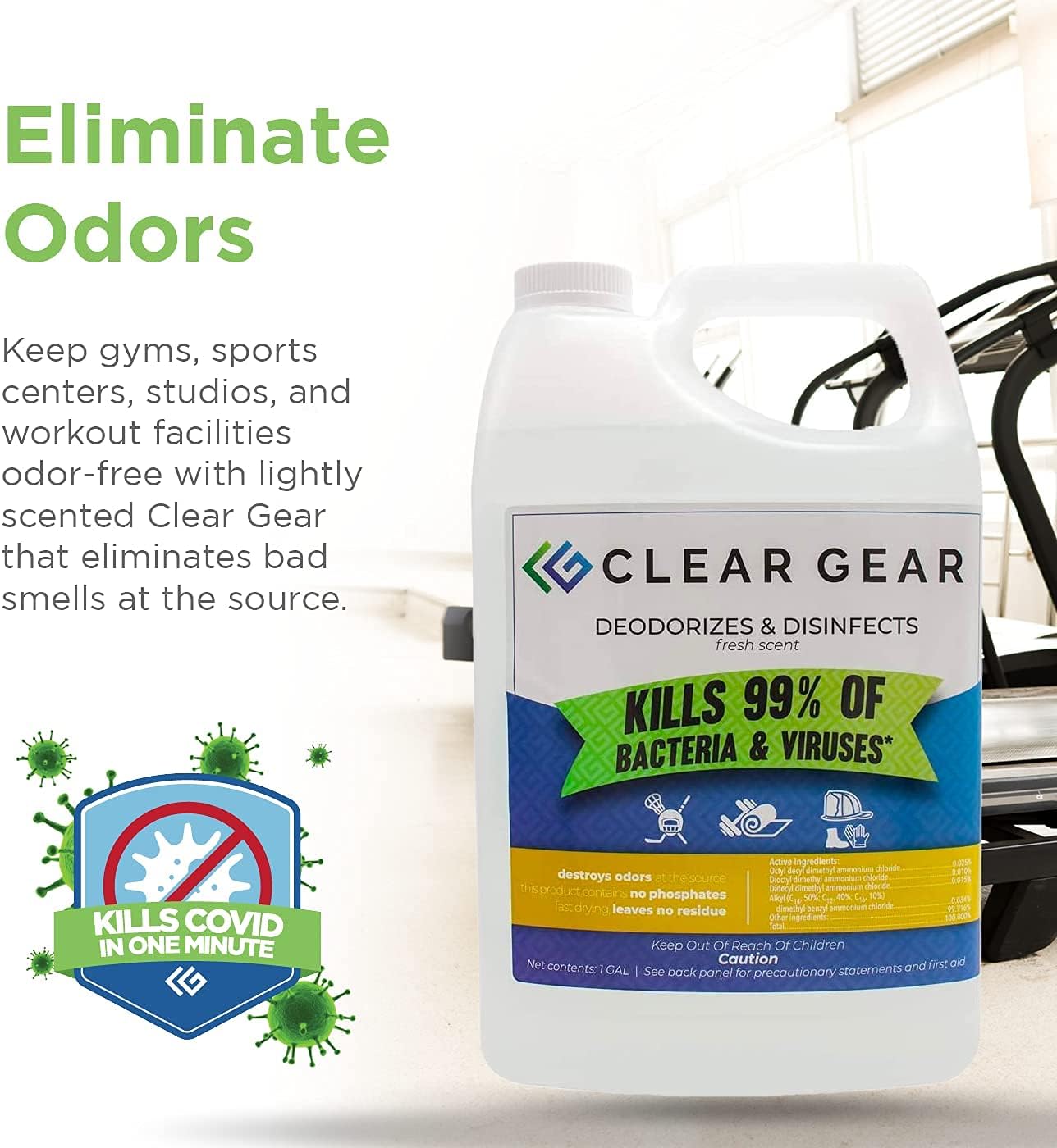 Clear Gear - Disinfectant, Cleaner, and Deodorizer for Sports Equipment, Gyms, and Fitness Centers - EPA-Registered, Hospital Grade, Made in USA - 1 Gallon Bottle