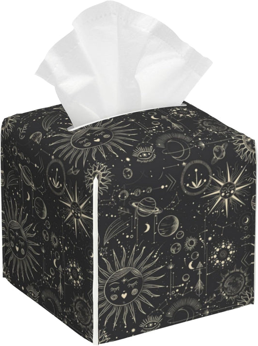 Zodiac Signs Tissue Box Holder Moon Phases Tissue Box Cover Square Leather Tissue Holder Organizer Portable Decorative Facial Paper Case for Home Office Bathroom Vanity Countertop