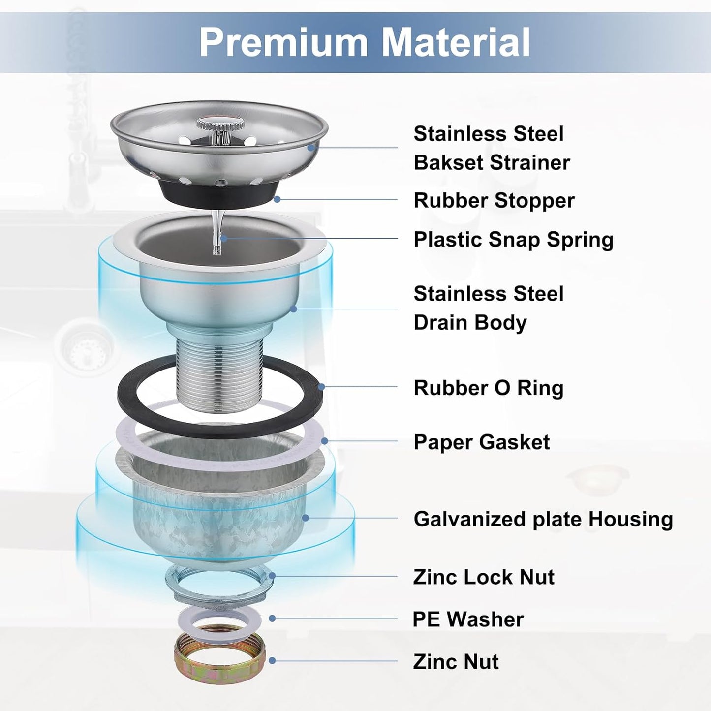 ZM Kitchen Sink Stainless Steel Deep Locking Basket Strainer with Drain Assembly, 3-1/2 Inch Sink Drain Stopper Plug