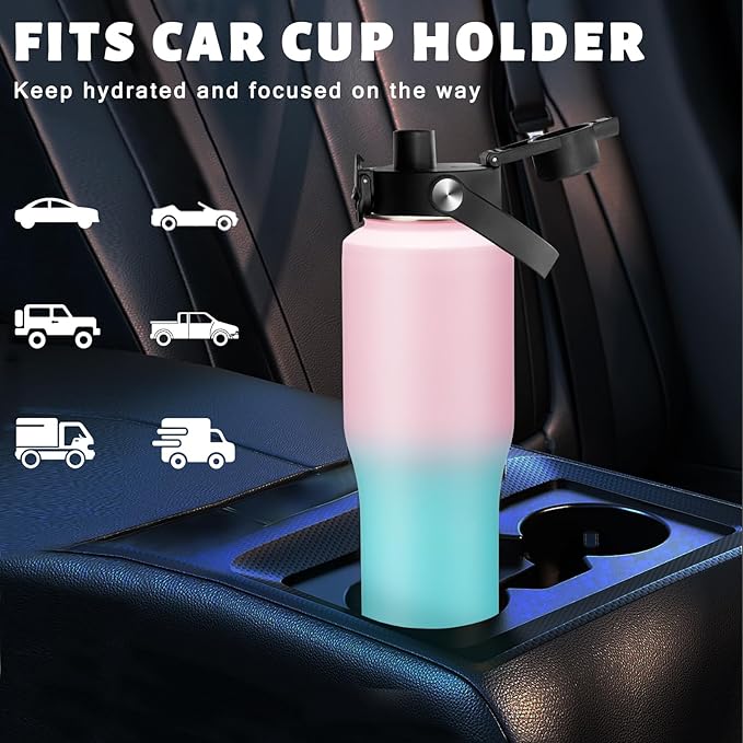 Insulated Water Bottle 32OZ That Fits in Cup Holder - Stainless Steel Water Bottle with Straw & Spout Lids, Paracord Handle, Carrying Case with Strap, Double Wall Vacuum Thermo Coffee Mug