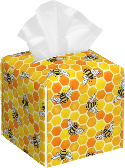 Watercolor Bees Tissue Box Cover Square,Honeycombs Leather Tissue Holder,Waterproof Leather Facial Paper Organizer Tissue Box Cover for Home Office Bathroom Vanity Countertop,5.2" x 5.2" x 5.2"