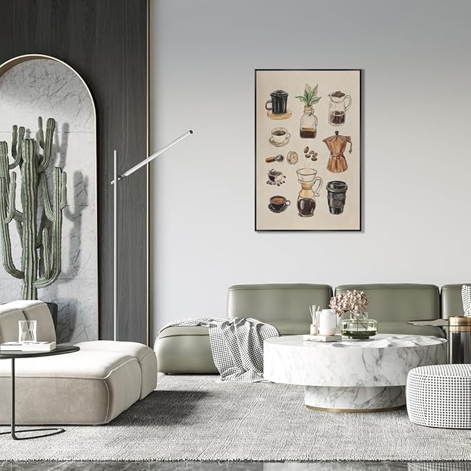 Vintage Espresso Coffee Chart Canvas Print Poster Kitchen Supplies Wall Art Minimalist Watercolor Painting Home Decor Aesthetic Pictures for Dining Room Cafe Shop 16x24inch Metal Black Frame