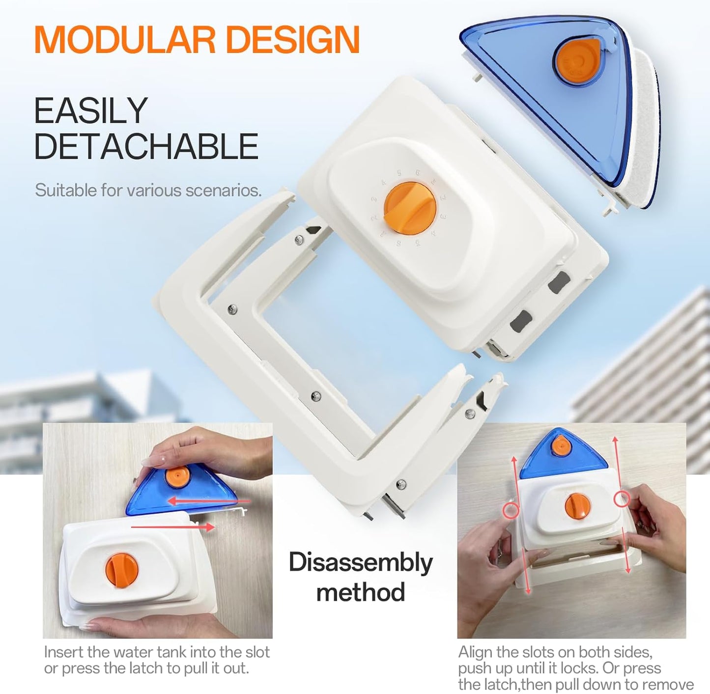 3-Segment Detachable Magnetic Window Cleaner, Double-Sided Glass Wiper for 0.1"-1.2" (3-30mm) Single/Double Glazing, 6-Files Adjustable Tool with Water Filled for High-Rise and Various Glass Sizes