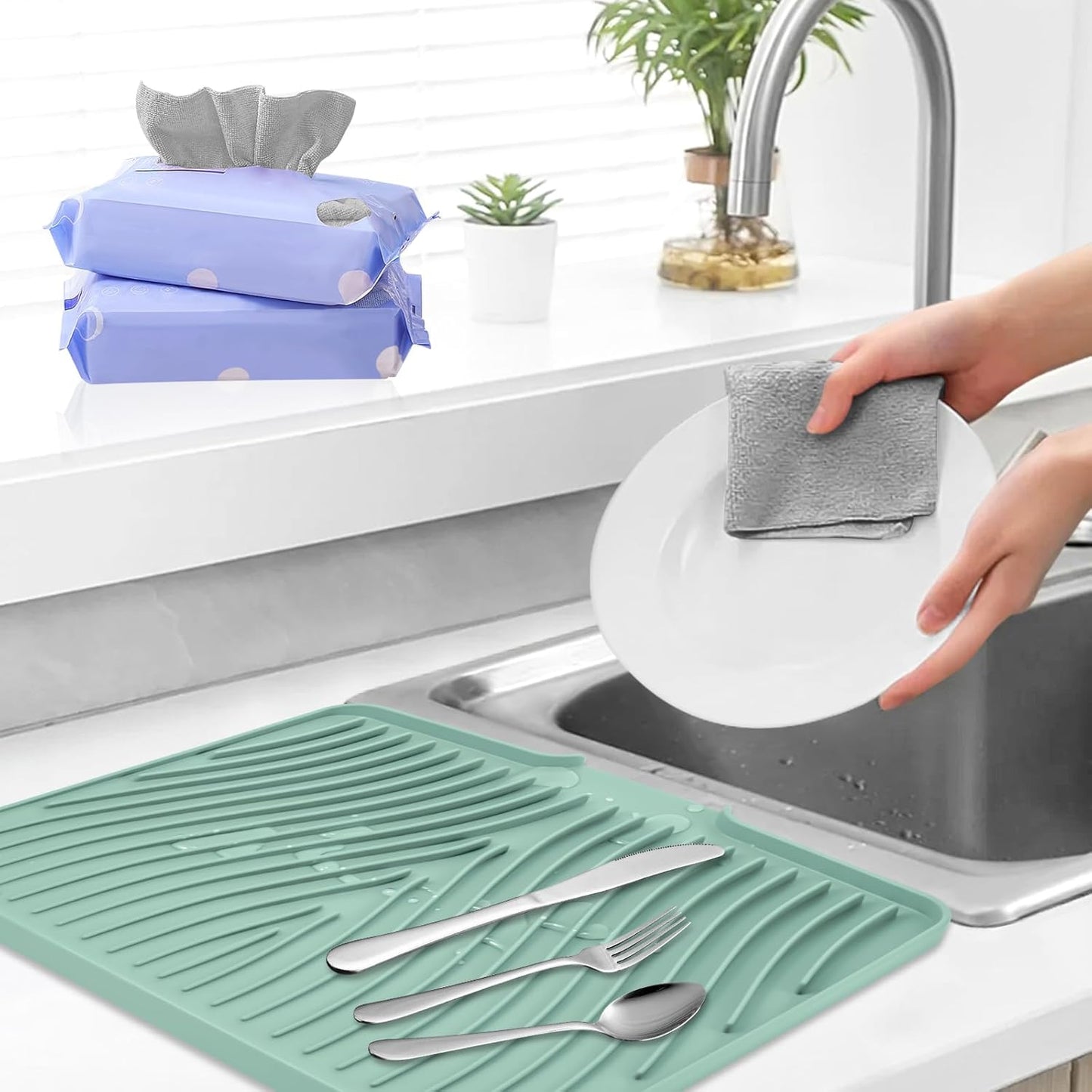 Silicone Dish Drying Mat, Stone Drying Mat for Kitchen Counter with Built-in Drain, Non-Slip 15.8" X 13" Drying Matt Kitchen Counter and Grey Microfiber Cleaning Cloth, Cleaning Rags Set(Mint)
