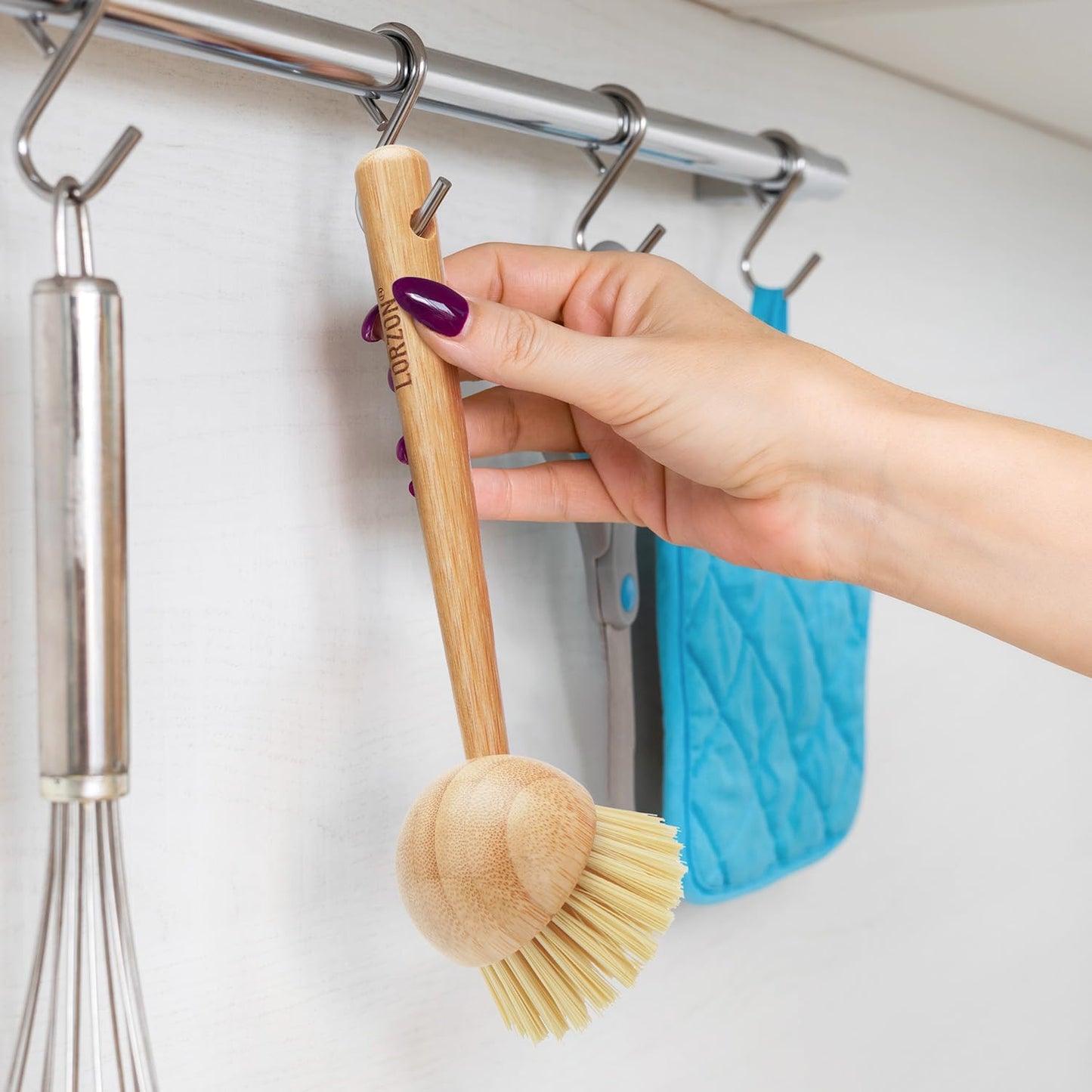 2 Pack Dish Brush with Handle, Bamboo Dish Scrub Brush, Kitchen Brushes for Dishes, Scrubber, Pots, Pans, Sink, Dishwashing Cleaning Brush