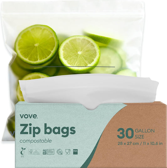 Vove Compostable Gallon Bags, Extra Large 30 Count – Freezer Safe, Leak Proof, Non Toxic Food Storage for Meal Prep & Snacks, Plant-Based Eco Bags
