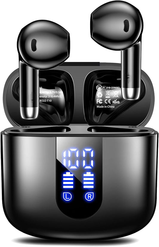 Wireless Earbuds, Bluetooth Headphones with Deep Bass Stereo, 48H Playback Ear Buds with LED Power Display Charging Case，Lightweight, IPX7, in-Ear Earphones with Mic for for Phone Tablet Laptop, Black