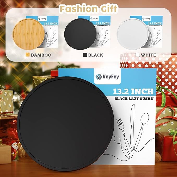 Lazy Susan Organizer, 13.2 Inch Non-Skid Bamboo Lazy Susan for Kitchen Table cabinets Closets and Kitchen Islands, Wood Turntable for Kitchen Countertop Organizer Black