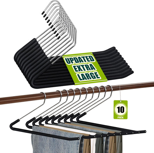 Spring Fever Open Ended Non Slip Sponge Padded Pants Hangers - Chrome Plating Foam Heavy Duty Space Saving Black Long 10