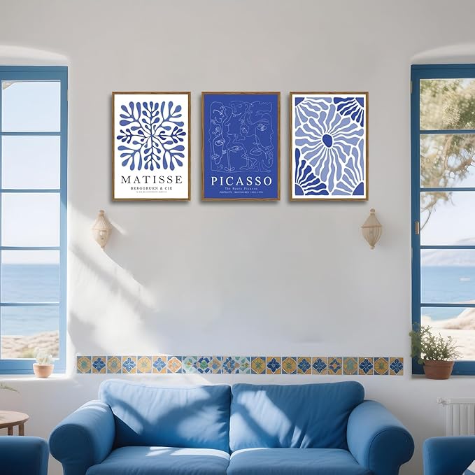 Blue Matisse Canvas Wall Art Poster Set of 3, Picasso Abstract Line Wall Decor Paintings Prints, Modern Minimalist Pictures Aesthetic Home Decor for Living Room Bedroom Office 16x24 inch Unframed