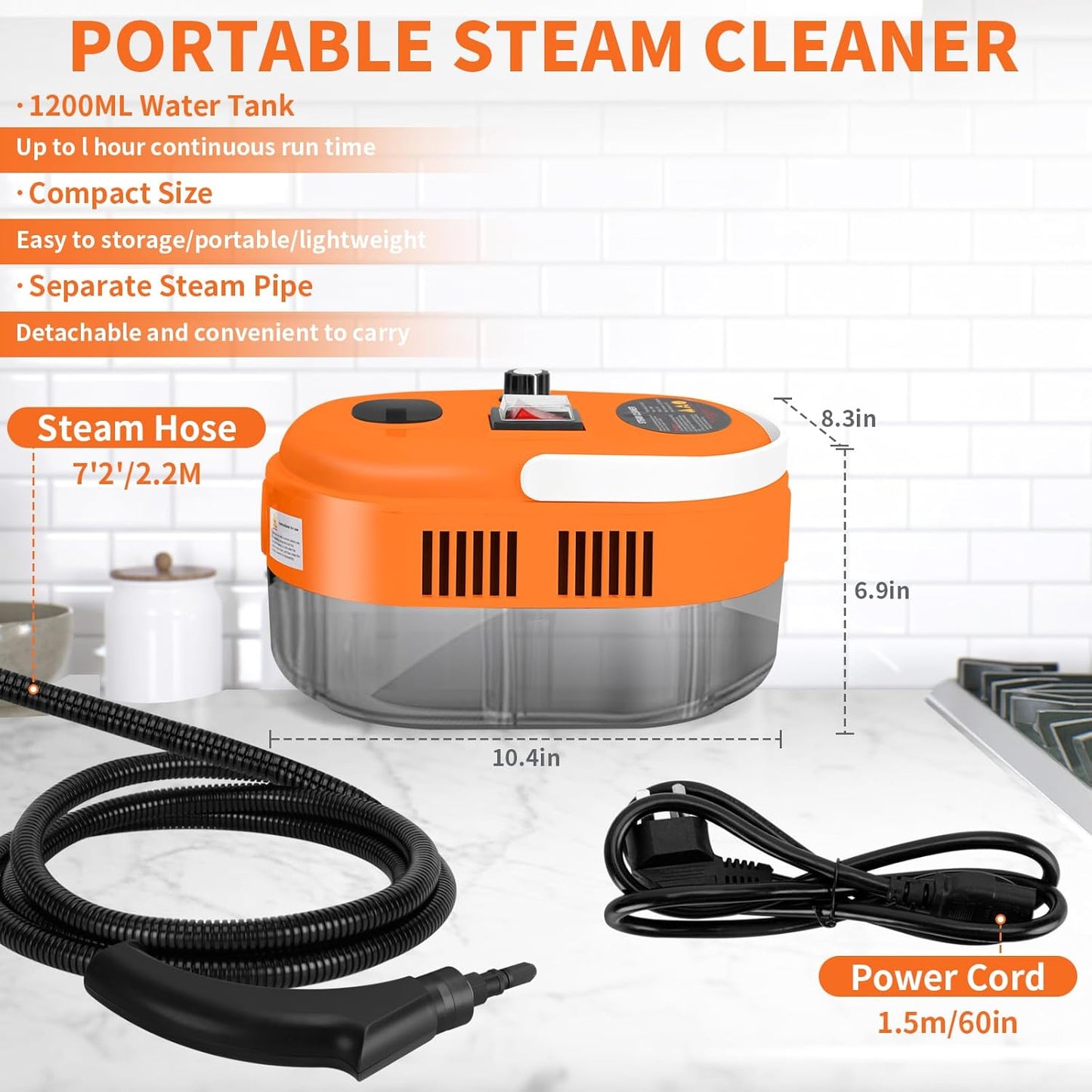 High Handheld Steam Cleaner, 1L Portable Car Steam Cleaner, 6 High Speeds Pressure Temperature Steam Cleaning Machine with 3 Brush Heads for Kitchen Furniture Home Car Cleaning (orange)