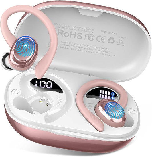 Wireless Earbuds Bluetooth 5.4 Headphones Sport, 2025 Bluetooth Earbuds with Earhooks, 50H Stereo Over Ear Buds, Earphone with 4 ENC Noise Canceling Mic, IP7 Waterproof Headset for Running/Gym/Workout